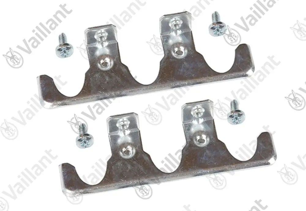 Vaillant Halterung mit zwei Metallteilen und Schrauben, zur Montage geeignet. Halterungen zeigen eine gebogene Form und sind in silberner Farbe.
